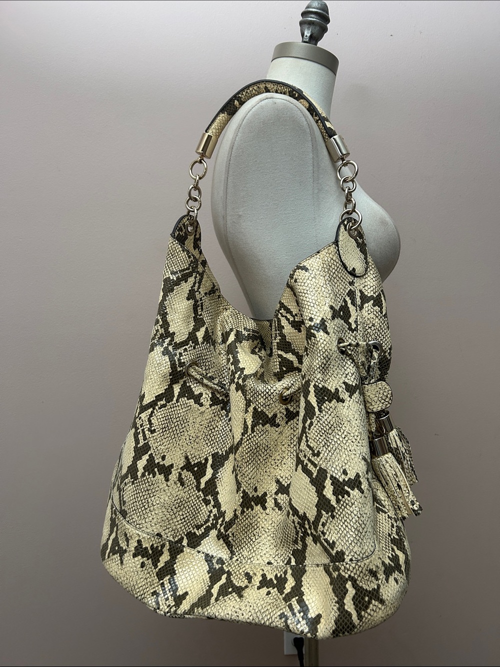 Reiss Leather Beige and Brown Snake-Print Phyton Shoulder Bag gold fringe accent